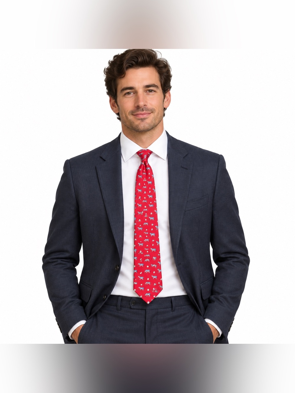 Hermès Paris Red Silk Tie Sheep Animal Novelty Print Made in France